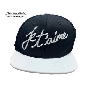 NEW Whistle & Flute Kids Black Embroidered Je T'aime Flat Brim Cap Hat